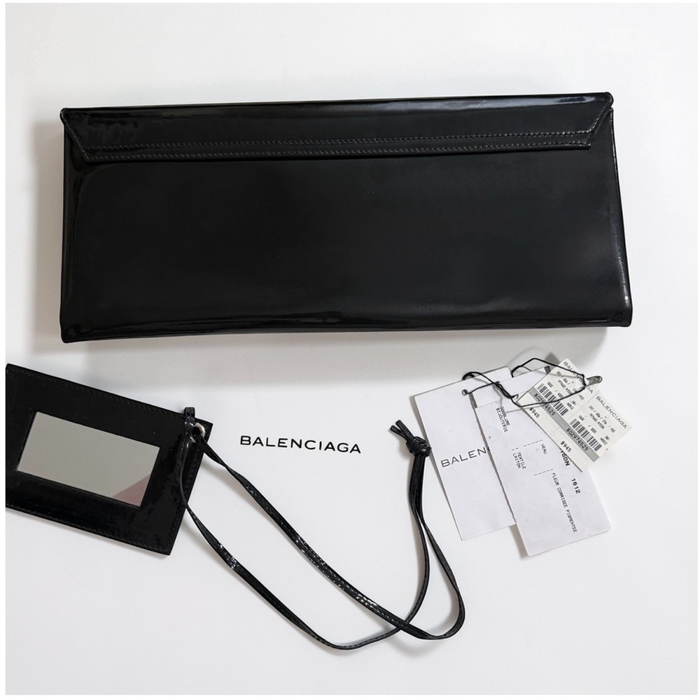 AUTH BALENCIAGA PATENT LEATHER BLACK CLUTCH BAG LONG SILVER LOCK + MIRROR DUSTER - Picture 13 of 16